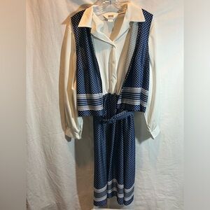 Vintage Montgomery Ward 3 piece navy blue dress w/ white polka dots & stripes